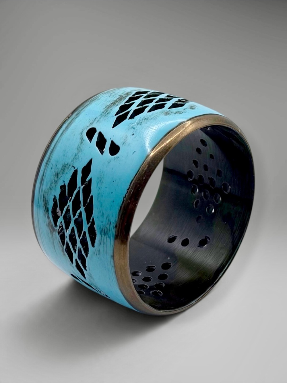 Iris Apfel & Bajalia Blue Patina Brass Lattice Cuff Bracelet Statement Piece